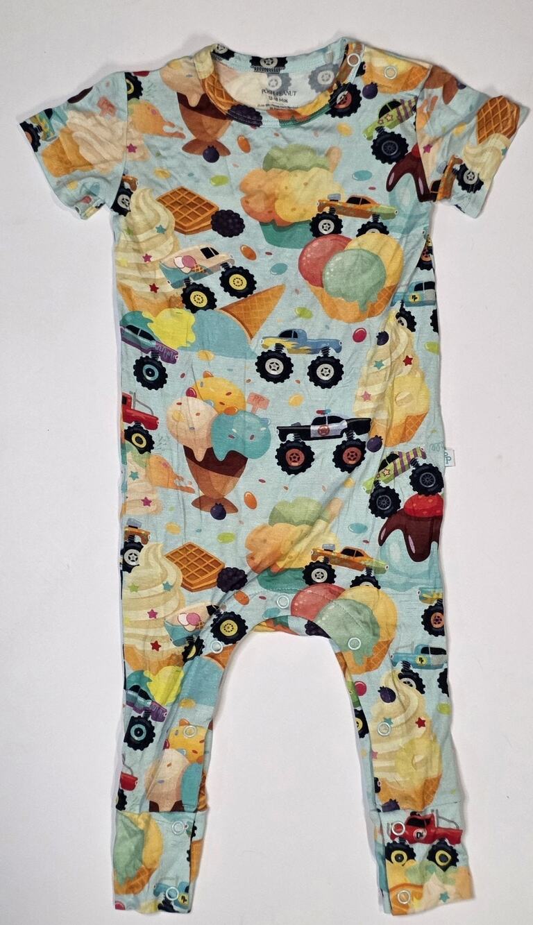 Posh Peanut Monster Truck Ice Cream Bamboo Romper Sz: 12-18M